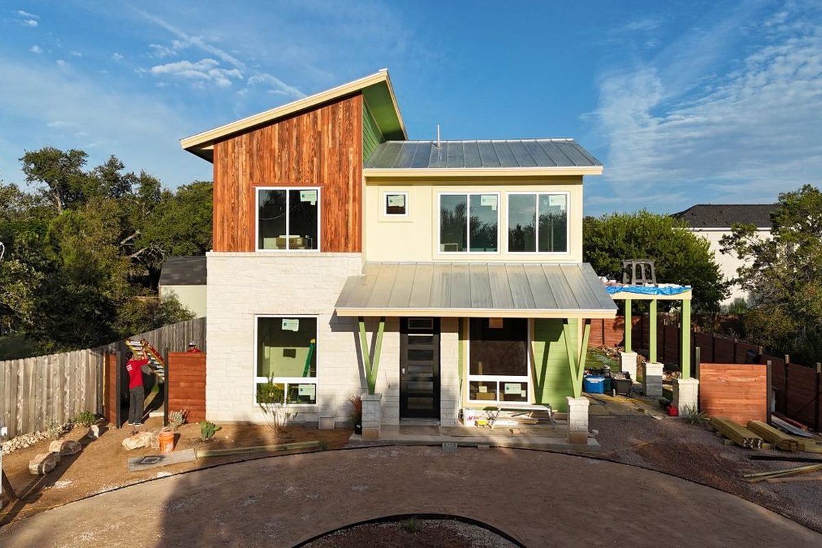 Solar panels on a residential roof at altitude